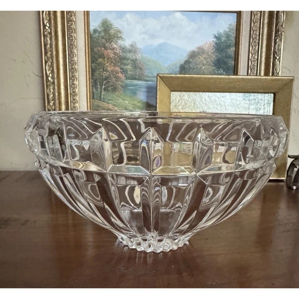 Heavy Vintage Lead Crystal Bowl Faceted Diamond Cut Starburst Base